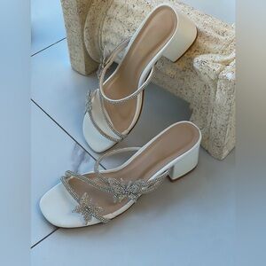 White low heel slipper sandals with butterflies